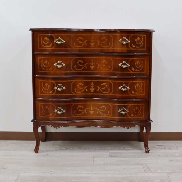 イタリア 4段 チェスト 茶 88cm 象嵌 猫脚 054/4