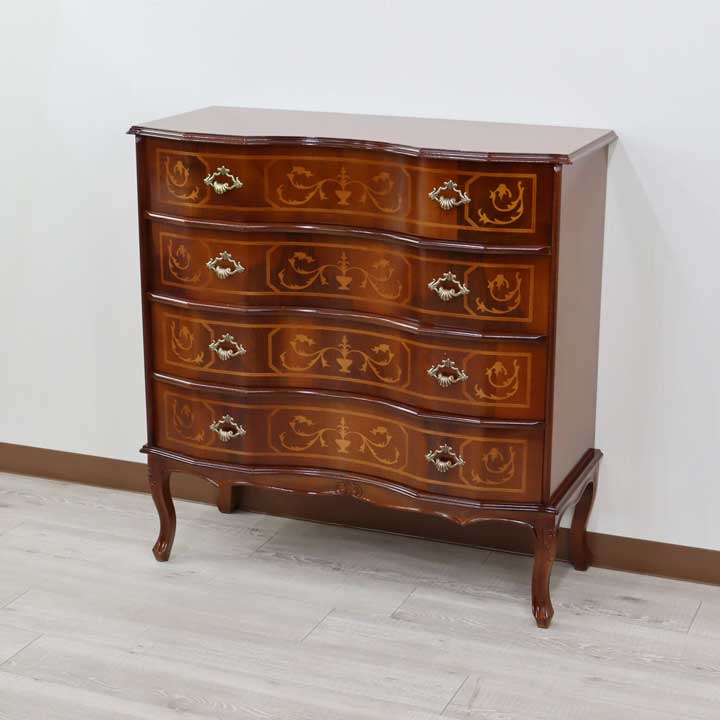 イタリア 4段 チェスト 茶 88cm 象嵌 猫脚 054/4
