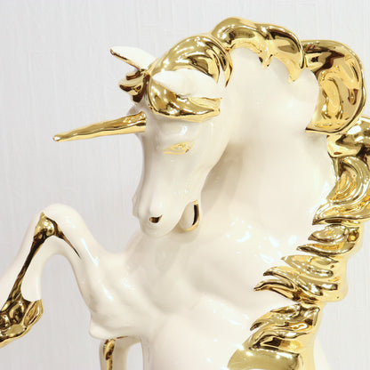 イタリア ユニコーン AHURA 陶器 置物 オブジェ 風水 縁起物 馬 アイボリーゴールド