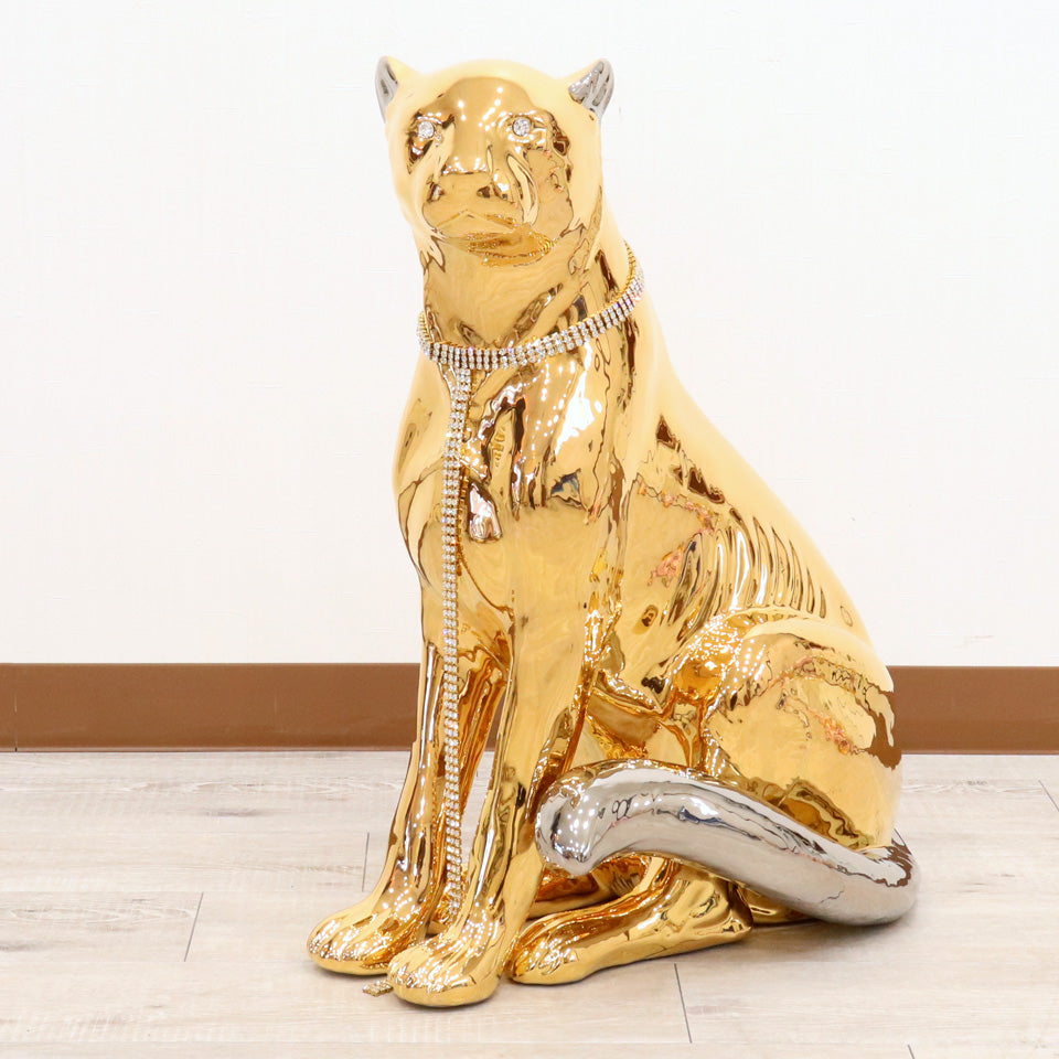 イタリア レオパード AHURA 陶器 置物 オブジェ 風水 縁起物 パンサー ゴールド