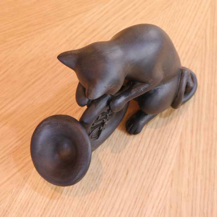 樹脂製 猫のオーケストラ ホルン アンティーク調 ブラック 猫雑貨
