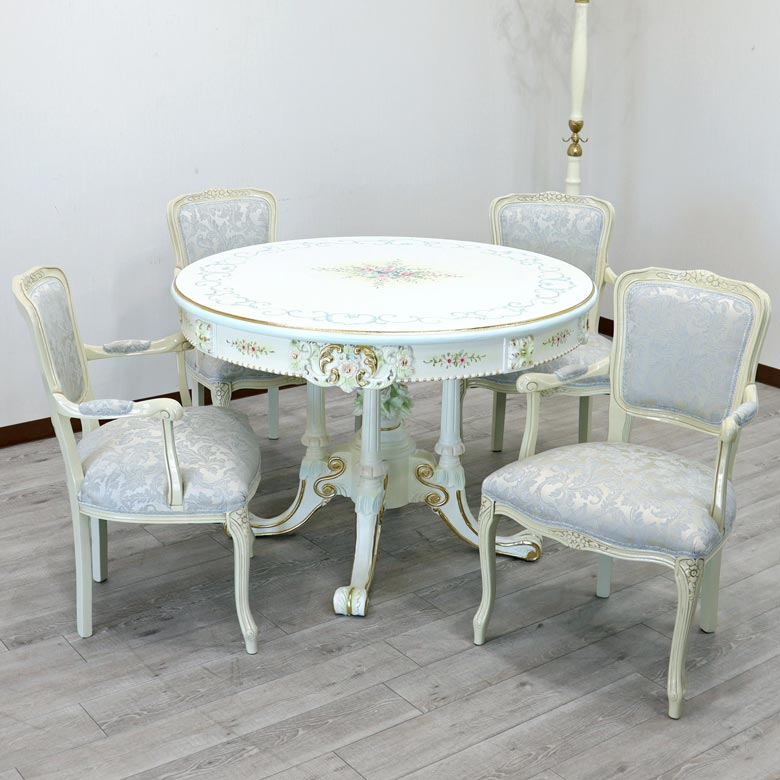 ロココ ダイニングテーブル 110cm 円形 4人用 クラック塗装 白家具