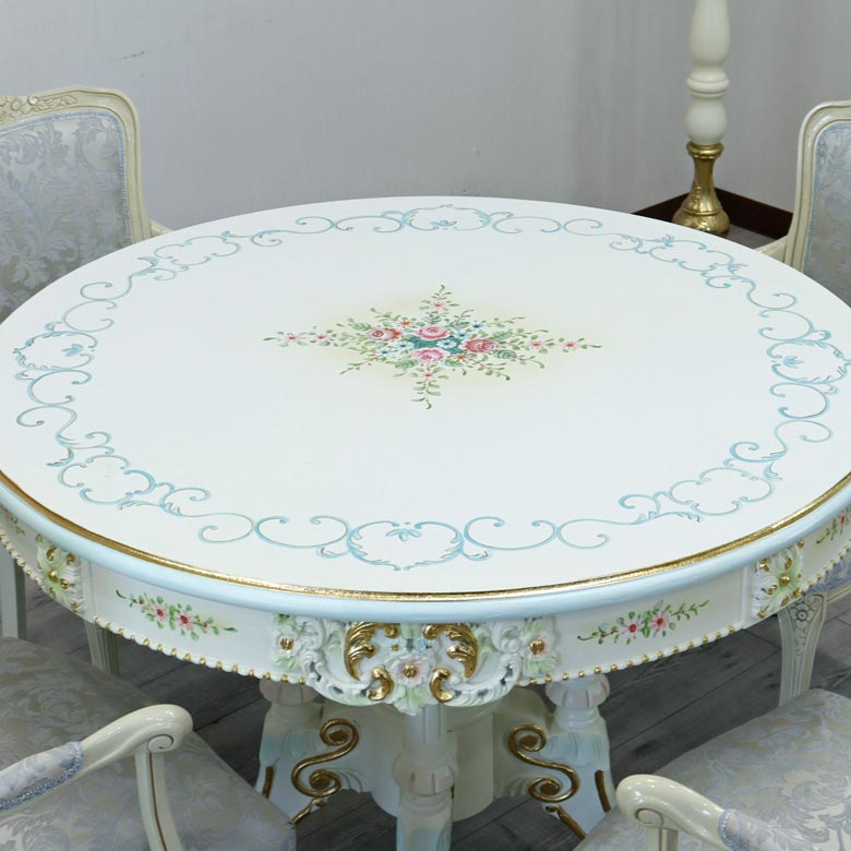 ロココ ダイニングテーブル 110cm 円形 4人用 クラック塗装 白家具