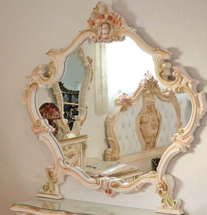 ロココ ワイドミラー 鏡 壁掛け クラック仕上げ 白家具