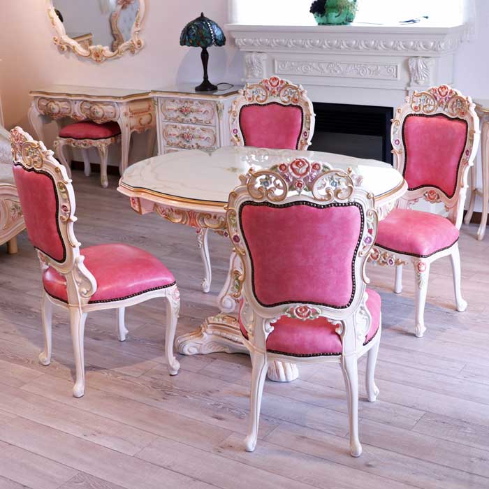 ロココ ダイニングテーブル5点セット 120cm 4人用 クラック仕上げ 白家具