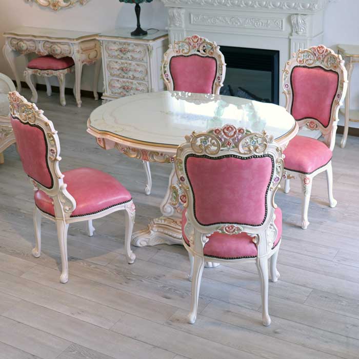 ロココ ダイニングテーブル5点セット 120cm 4人用 クラック仕上げ 白家具