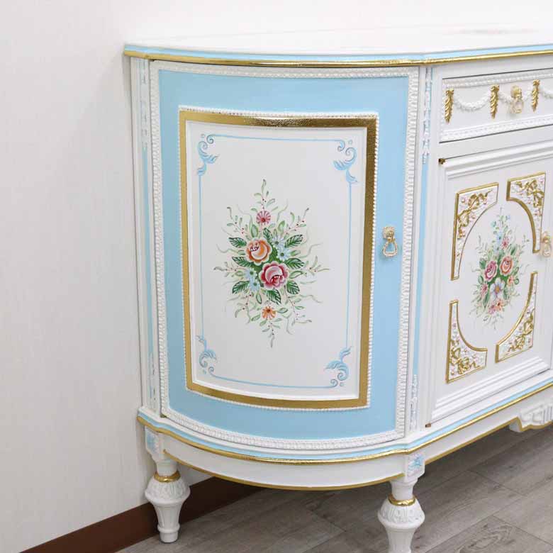 CC Lam　アンティーク　ロココ調　トールペイント　サイドボード　キャビ ロココ サイドボード 146cm 半円 ローキャビネット 白家具