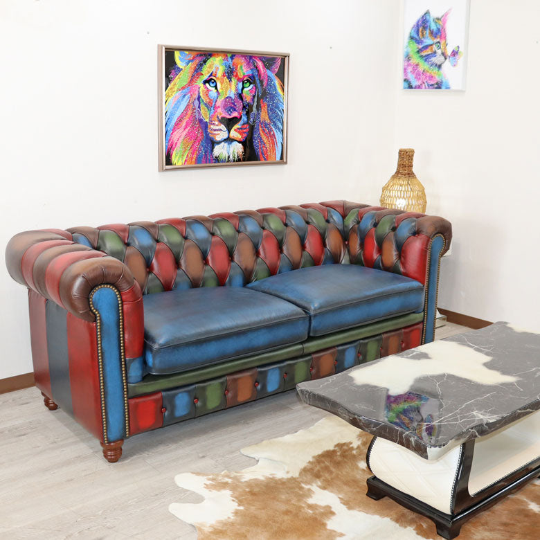 パッチワーク ソファ 3Pソファ チェスターフィールド調 革張り カラフル