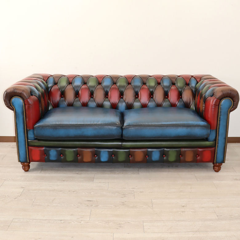 パッチワーク ソファ 3Pソファ チェスターフィールド調 革張り カラフル