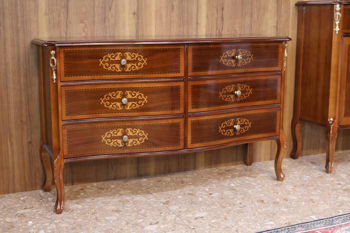イタリア チェスト 木製 6段 完成品 113cm 猫脚 象嵌 DOGI 4326