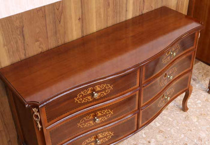 イタリア チェスト 木製 6段 完成品 113cm 猫脚 象嵌 DOGI 4326