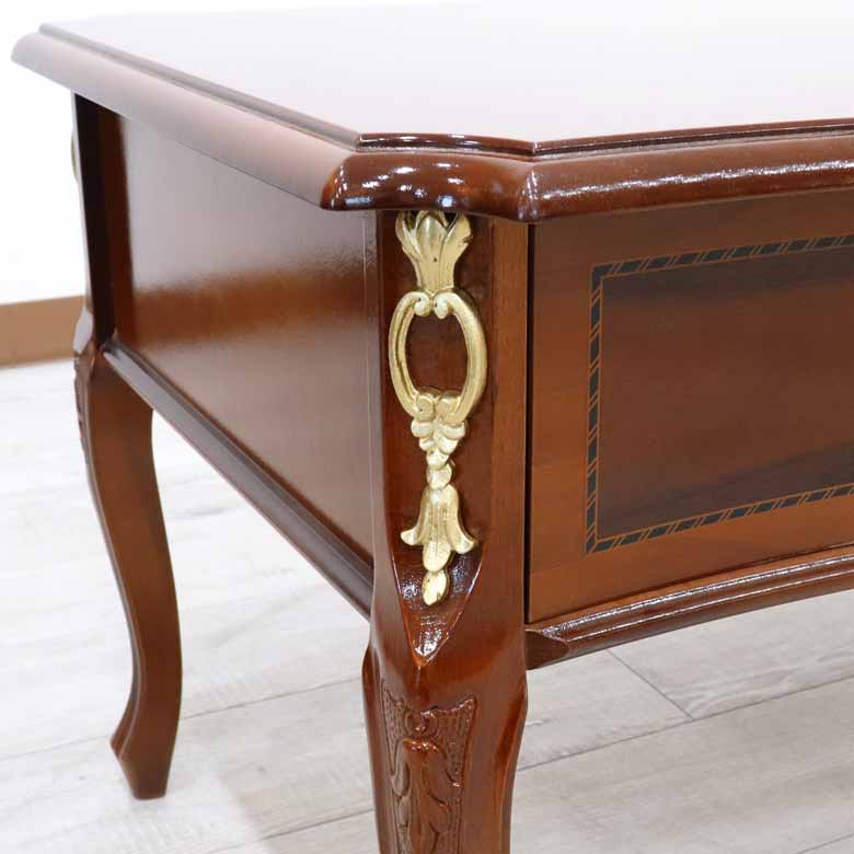 イタリア ローテーブル 引出し付き センターテーブル 猫脚 象嵌 DOGI 4327