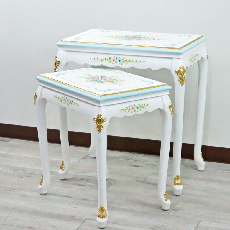 ロココ ネストテーブル 2台セット サイドテーブル 猫脚 白家具