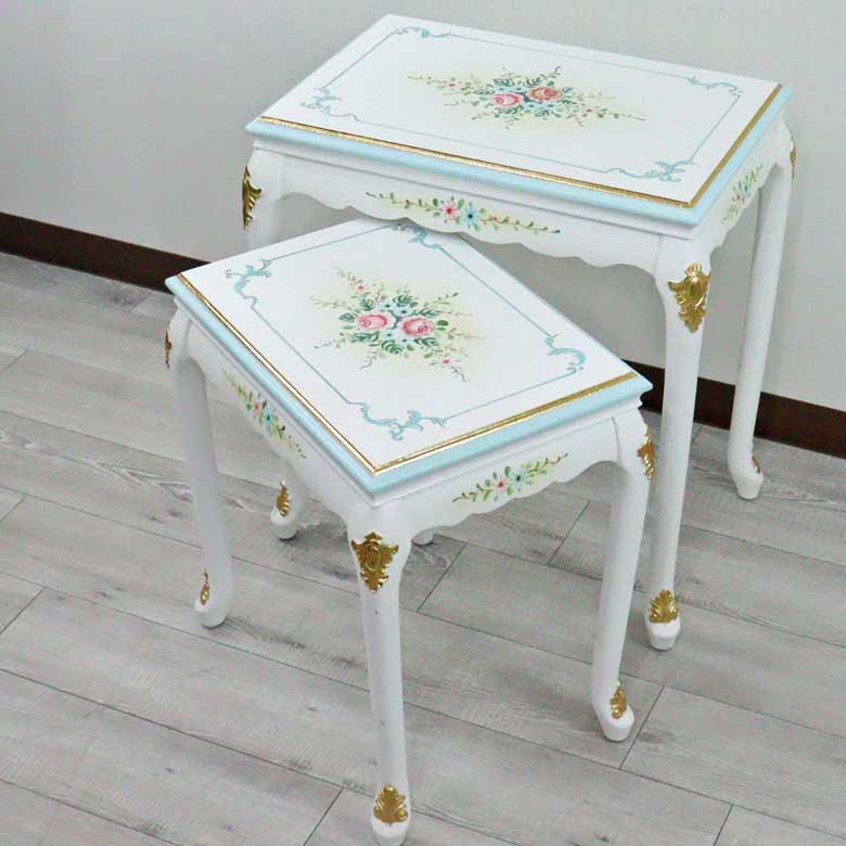 ロココ ネストテーブル 2台セット サイドテーブル 猫脚 白家具