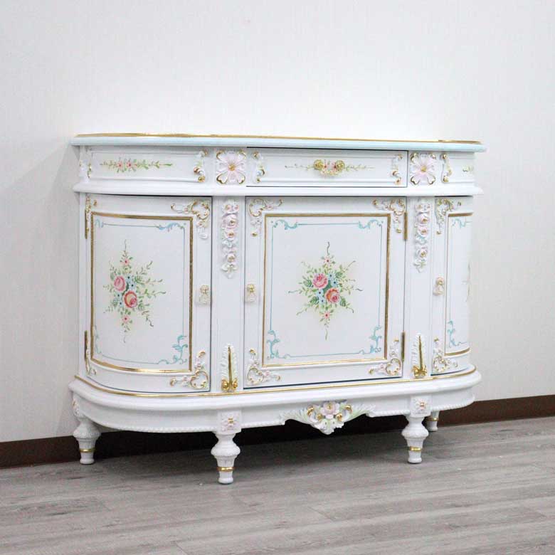 ロココ サイドボード 120cm 3ドア ローキャビネット 白家具