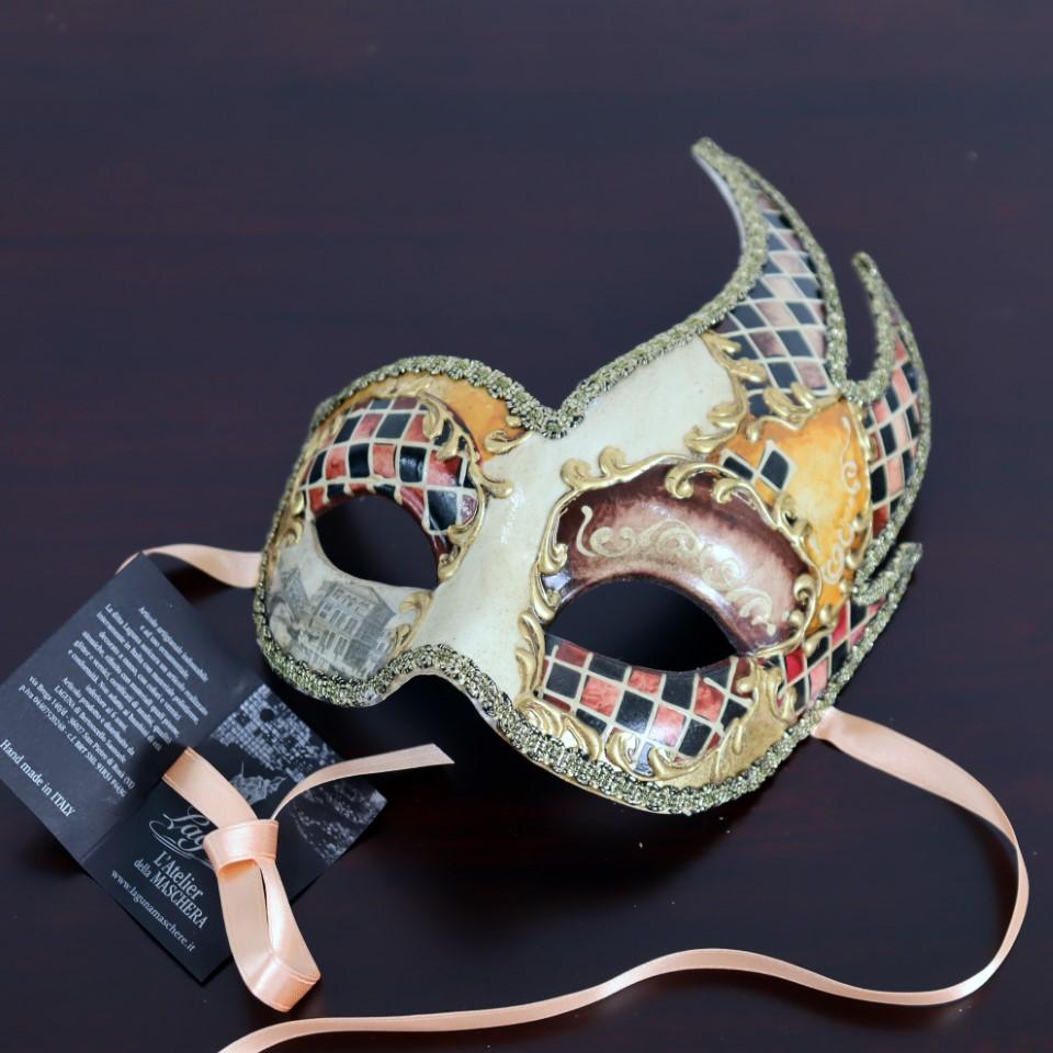 ベネチアンマスク カーニバルマスク 仮面 ハーフ チーニョ ブラウン イタリア製 ゴージャス ヴェネチアン マスケラ