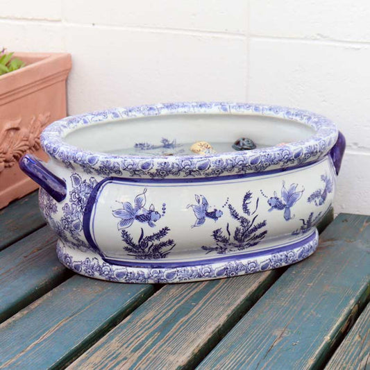 水鉢 特大 楕円 金魚柄 底穴なし 火鉢 鉢カバー 双耳魚缶