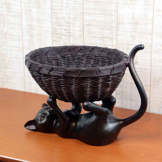 樹脂製 猫の置物 丸形 バスケット 小物入れ