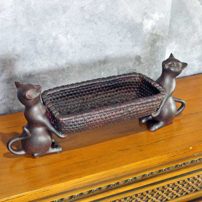 樹脂製 猫の置物 バスケット双猫 小物入れ