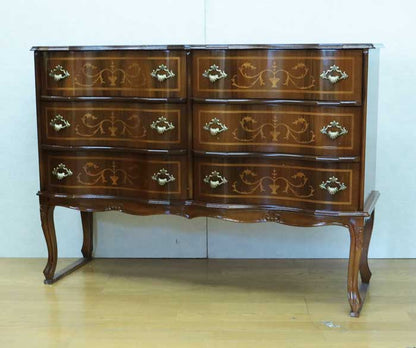 チェスト 木製 6段 完成品 茶 112cm 象嵌 猫脚 535