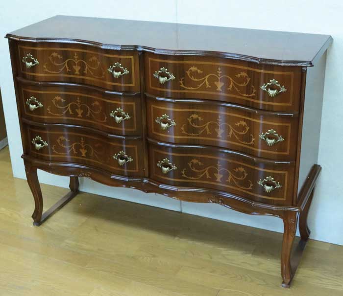 チェスト 木製 6段 完成品 茶 112cm 象嵌 猫脚 535