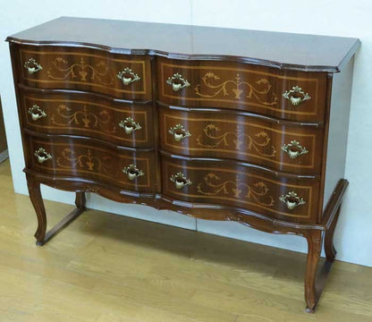 チェスト 木製 6段 完成品 茶 112cm 象嵌 猫脚 535