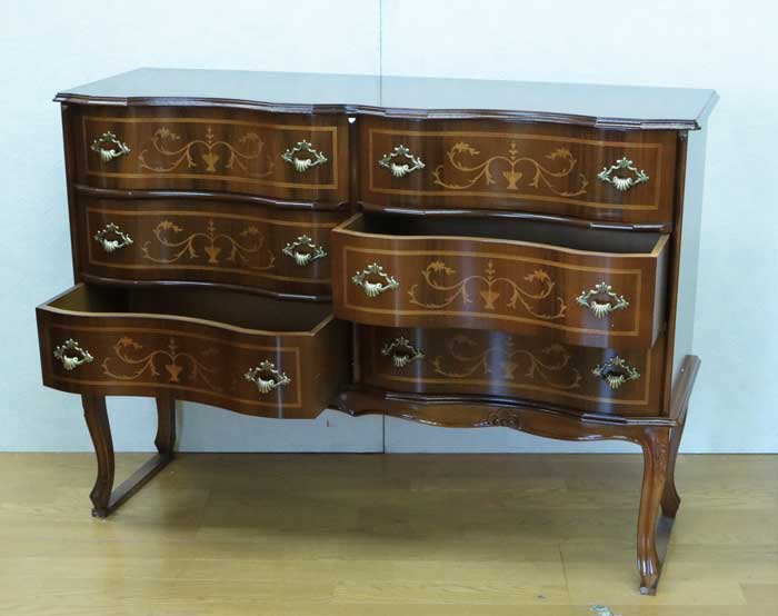 チェスト 木製 6段 完成品 茶 112cm 象嵌 猫脚 535