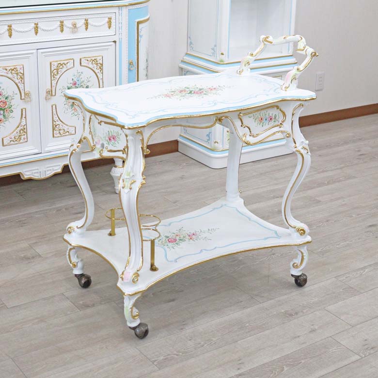 ロココ ワゴン トロリー ワインホルダー 収納付き 白家具