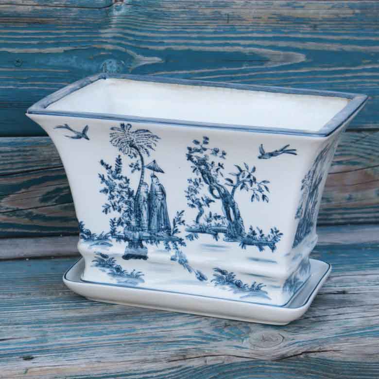 陶器 プランター 角型 底穴あり 染め付け シノワズリ