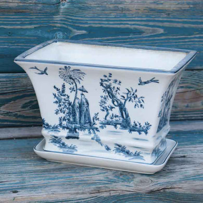 陶器 プランター 角型 底穴あり 染め付け シノワズリ