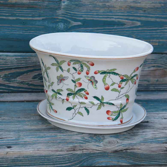 陶器 プランター 楕円型 底穴あり 染め付け シノワズリ