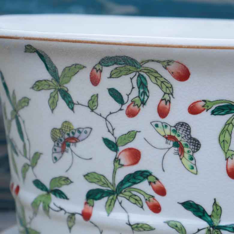 陶器 プランター 楕円型 底穴あり 染め付け シノワズリ