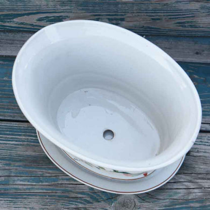 陶器 プランター 楕円型 底穴あり 染め付け シノワズリ