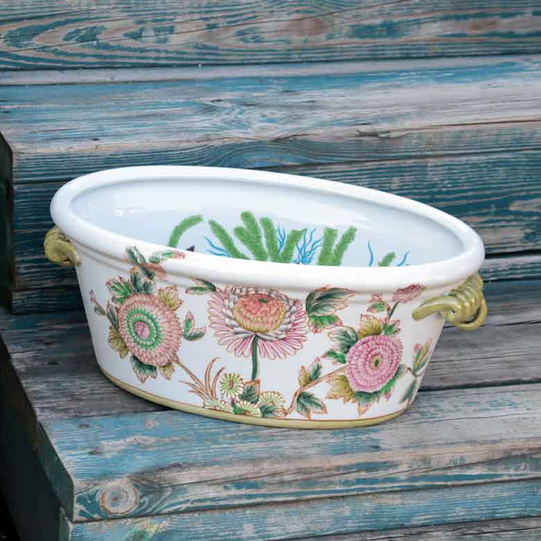 水鉢 大 楕円 手書き風 花 金魚柄 底穴なし 火鉢 鉢カバー 双耳魚缶