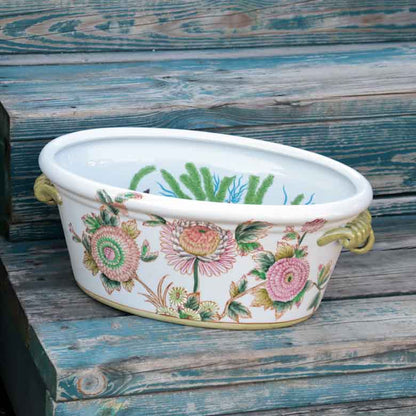 水鉢 大 楕円 手書き風 花 金魚柄 底穴なし 火鉢 鉢カバー 双耳魚缶