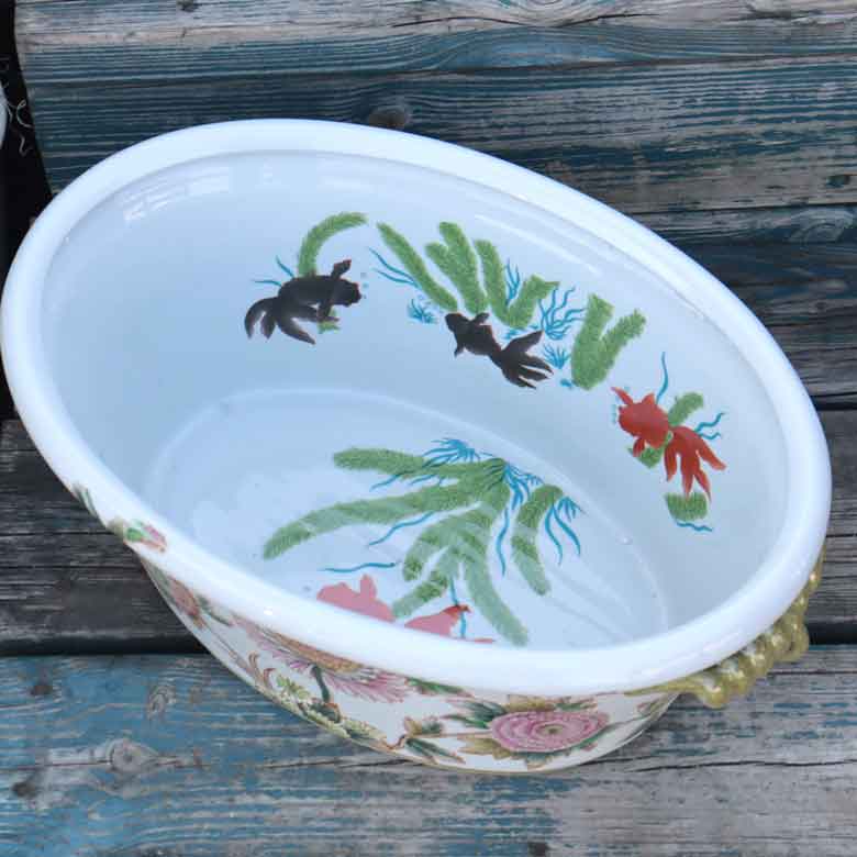 水鉢 大 楕円 手書き風 花 金魚柄 底穴なし 火鉢 鉢カバー 双耳魚缶
