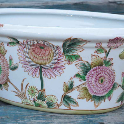 水鉢 大 楕円 手書き風 花 金魚柄 底穴なし 火鉢 鉢カバー 双耳魚缶