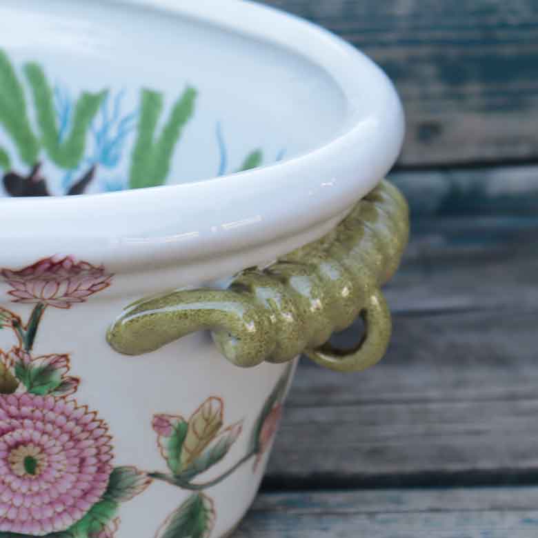 水鉢 大 楕円 手書き風 花 金魚柄 底穴なし 火鉢 鉢カバー 双耳魚缶