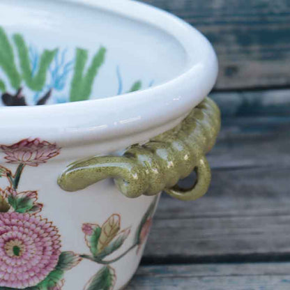 水鉢 大 楕円 手書き風 花 金魚柄 底穴なし 火鉢 鉢カバー 双耳魚缶