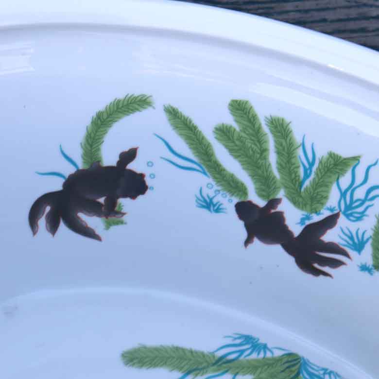 水鉢 大 楕円 手書き風 花 金魚柄 底穴なし 火鉢 鉢カバー 双耳魚缶