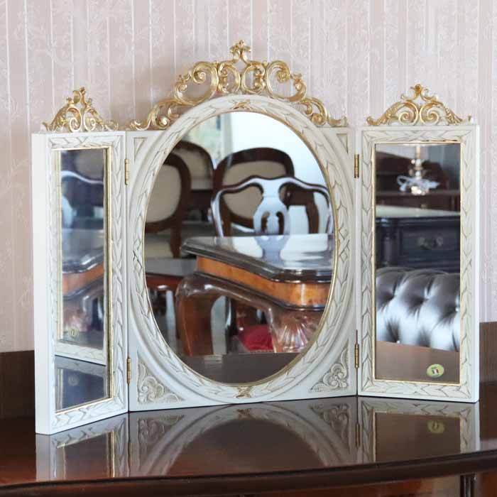 イタリア製 デコレーションミラー 置き鏡 3面鏡 ミラー アイボリー ゴールド EUROMAMRCHI