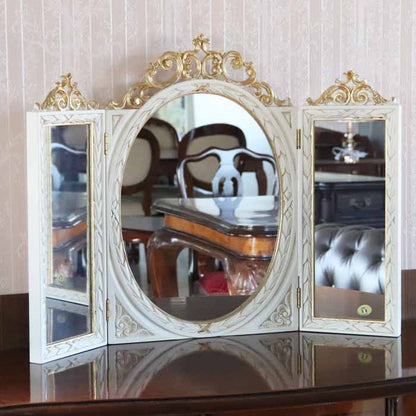 イタリア製 デコレーションミラー 置き鏡 3面鏡 ミラー アイボリー ゴールド EUROMAMRCHI
