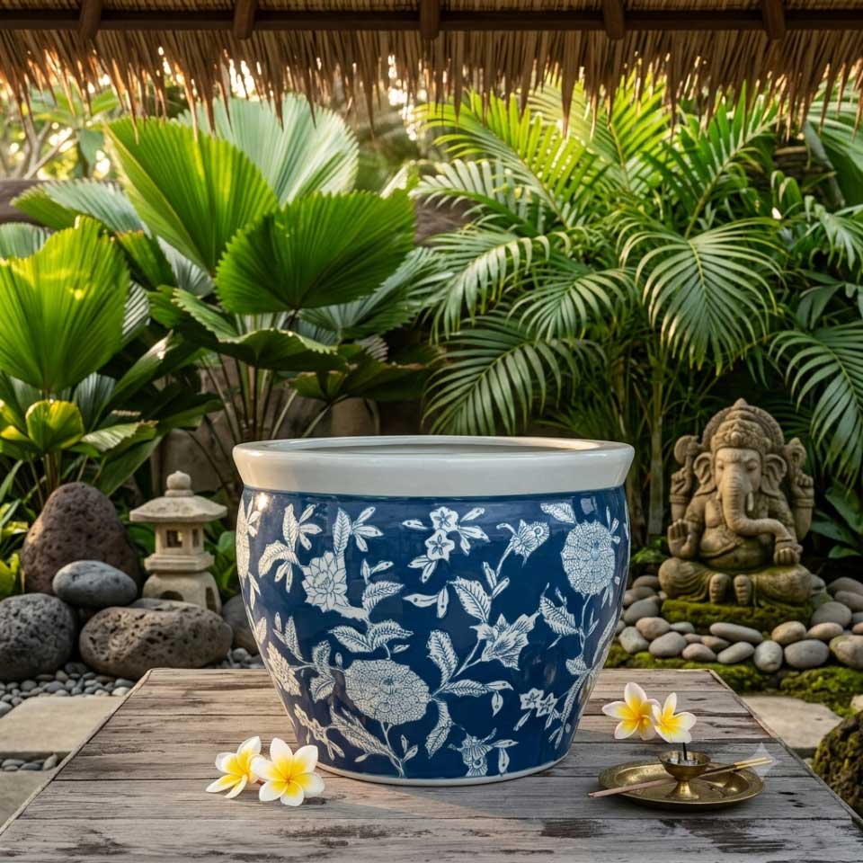 水鉢 大型 藍色花鳥 大 10号 火鉢 鉢カバー プランターカバー