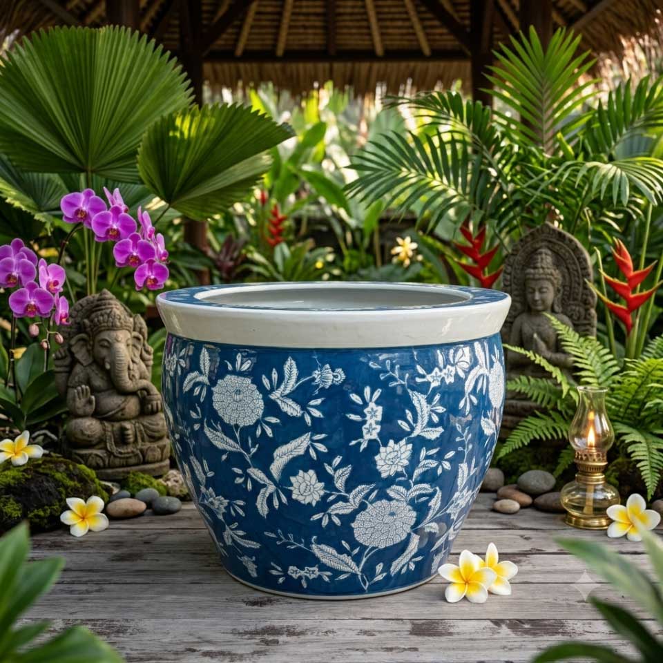 水鉢 大型 藍色花鳥 特大 13号 火鉢 鉢カバー