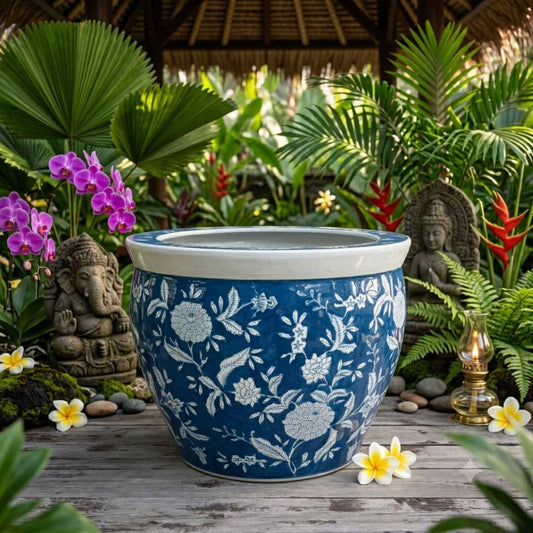 水鉢 大型 藍色花鳥 特大 13号 火鉢 鉢カバー