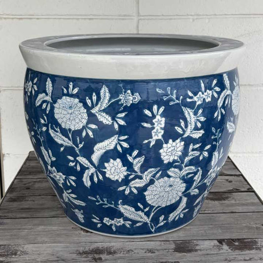 水鉢 大型 藍色花鳥 特大 13号 火鉢 鉢カバー