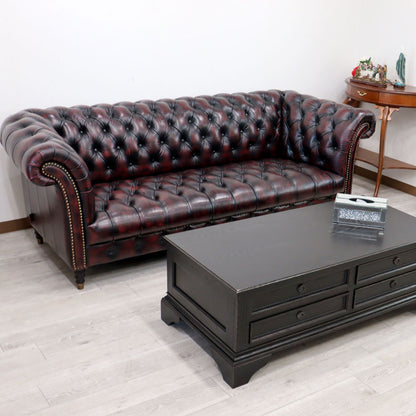総革張りソファー チェスターフィールド 3人掛け レッド 三人掛け 本革