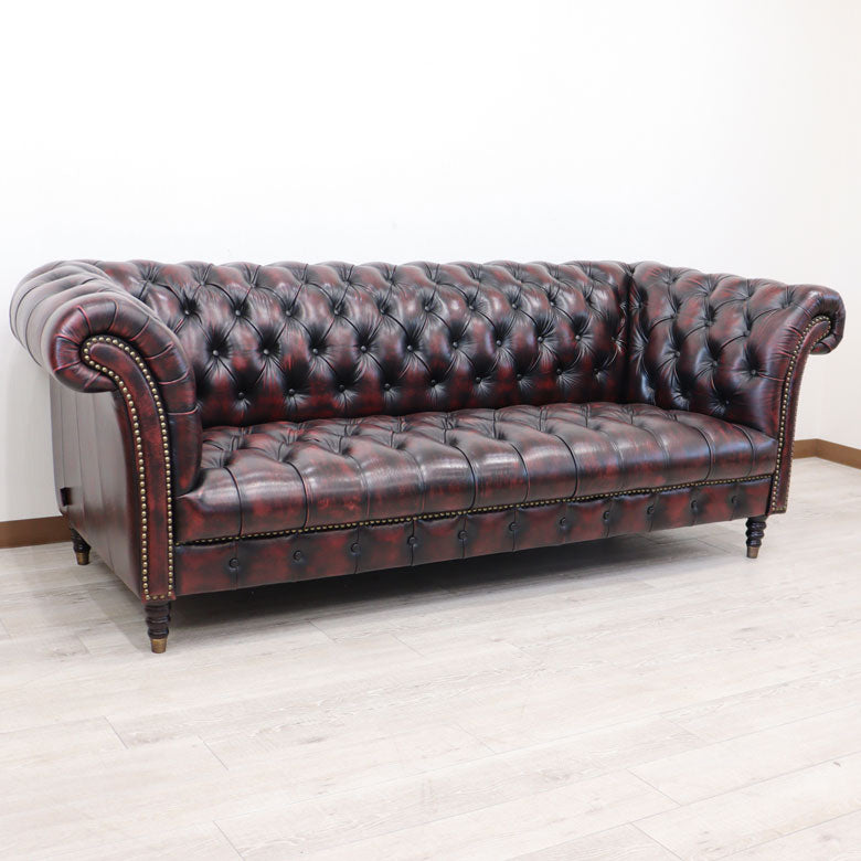 総革張りソファー チェスターフィールド 3人掛け レッド 三人