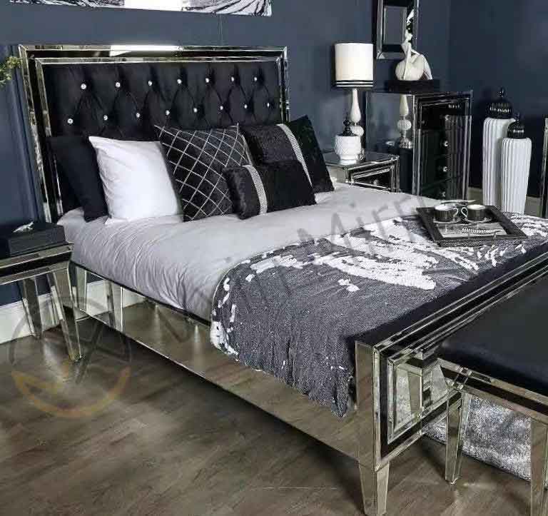 ミラー家具 キングベッド ベッドフレーム 鏡張り ブラック＆シルバー