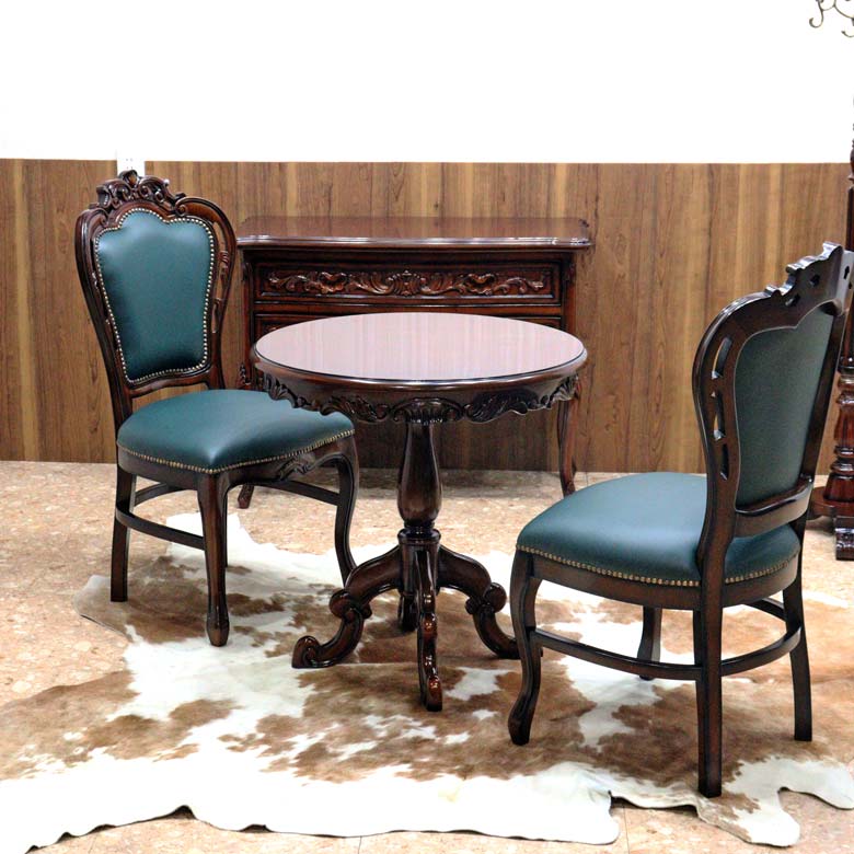 テーブル3点セット 70cm マホガニー 木製 円形 ラウンドテーブル 合皮チェア